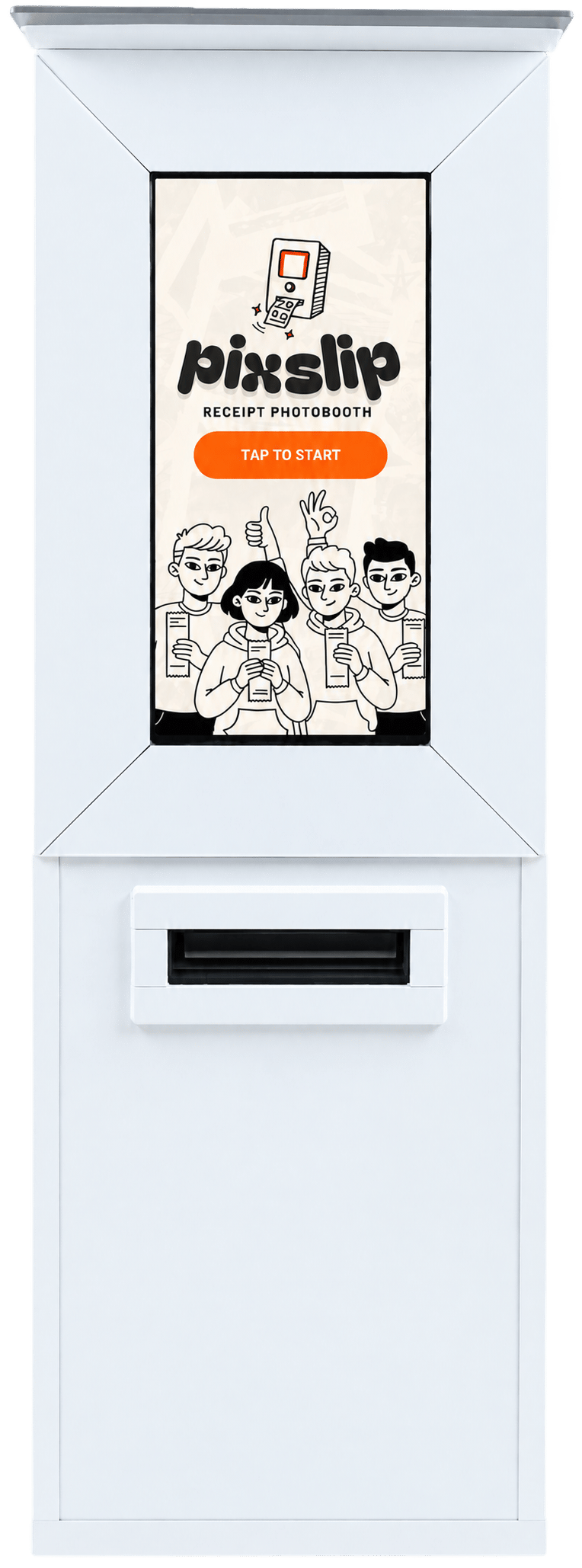 White aluminum Receipt Photobooth by Pixslip unit showing the Tap to Start screen